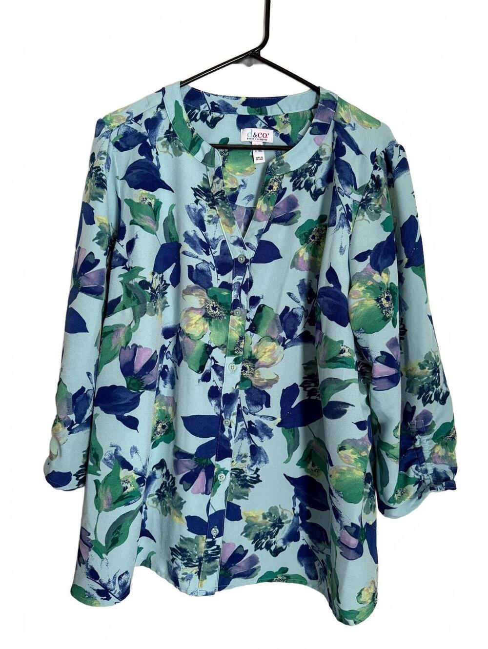 D & Co. Denim & Company QVC Women's Size 2X Blouse Blue Floral Coquette Tropical
